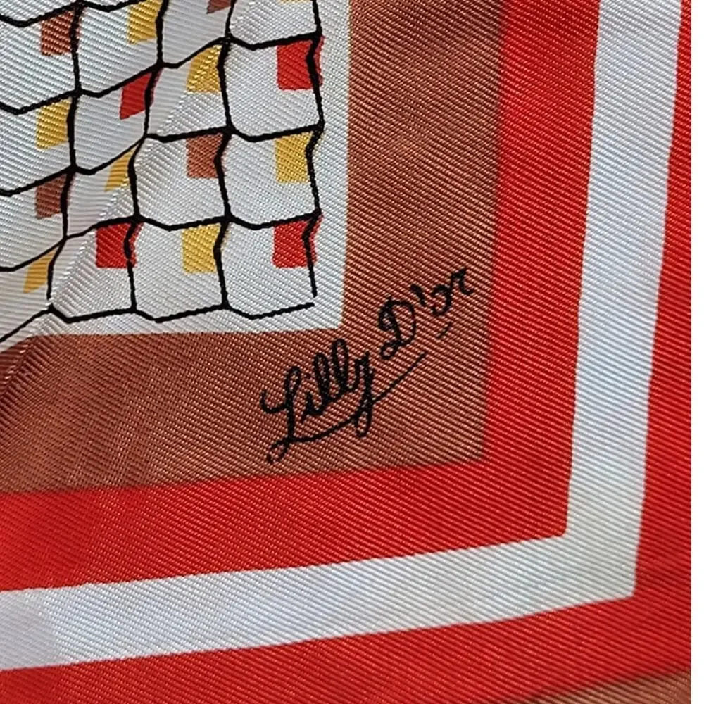 Lilly D'Or Geometric Silk Scarf Brown Red Vintage Mod Cottagecore Accessory